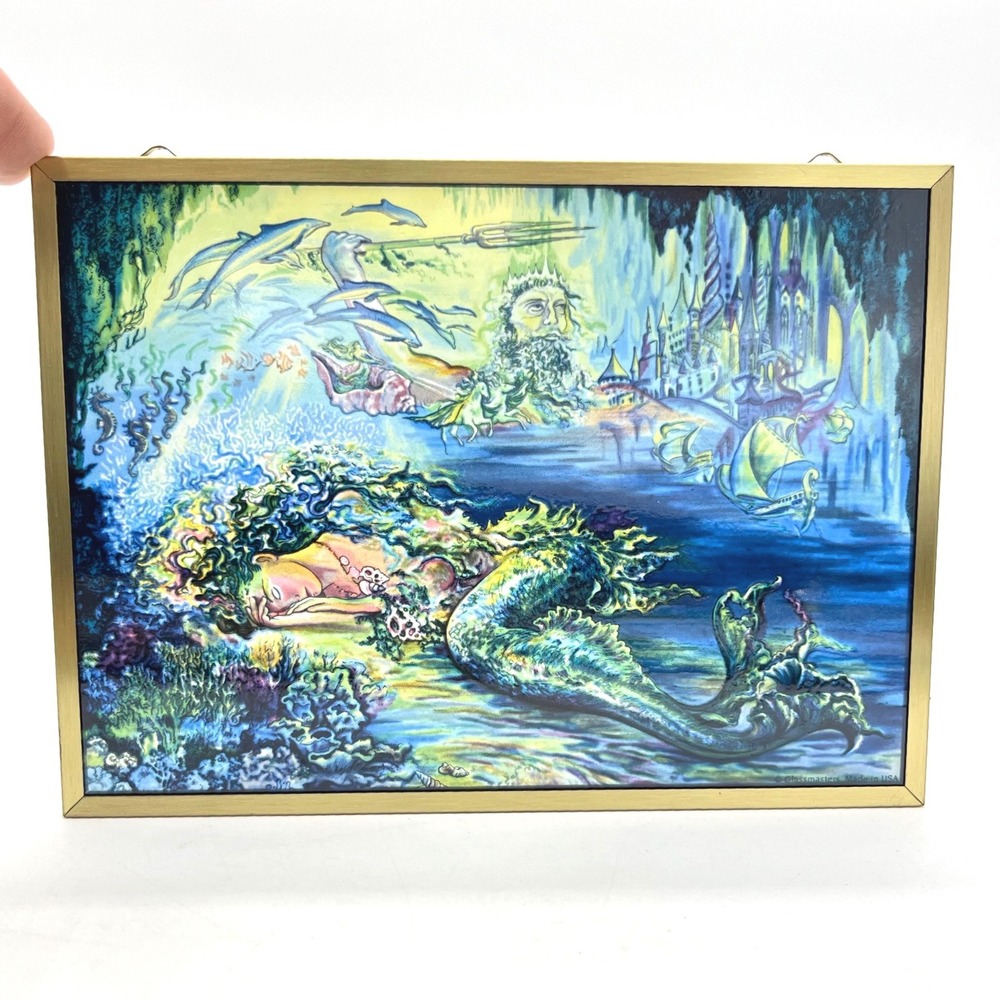 Glassmasters‎ Mermaid King Neptune Stained Glass Art Suncatcher Gold Frame 5x7